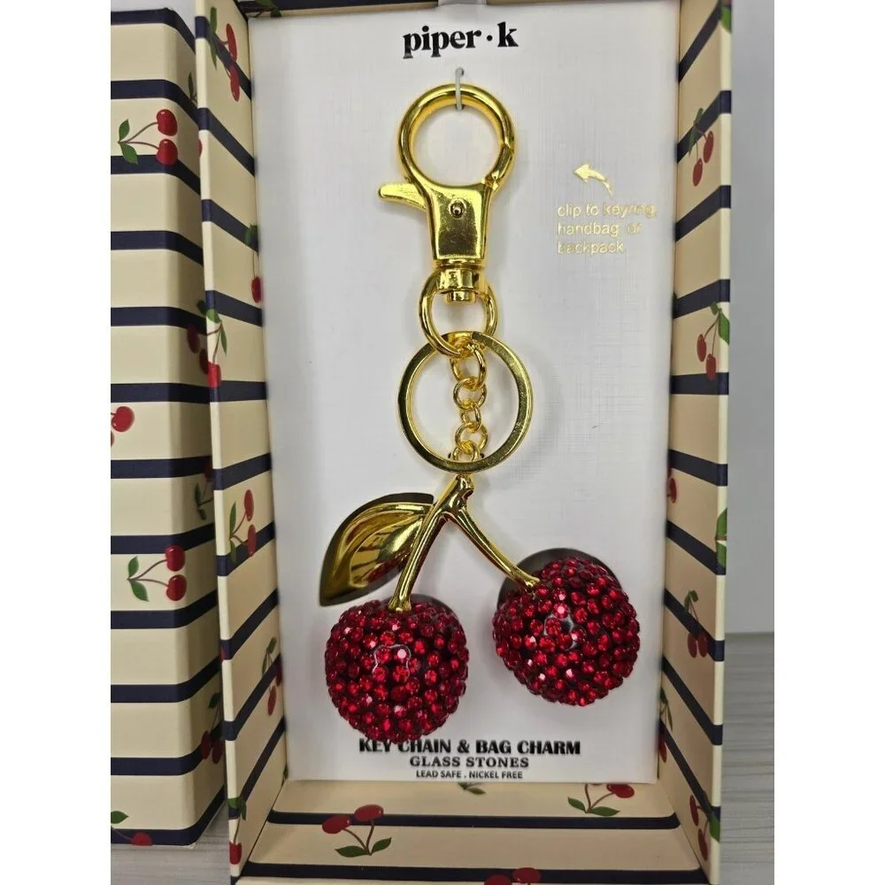 Piper K Cherries Glass Stone Bag Charm and Key Chain Accessory - NEW - Picture 2 of 7